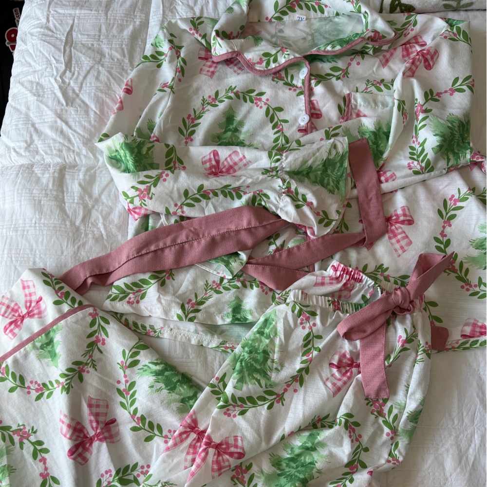 Festive Pink and Green Holiday PJs w Bows